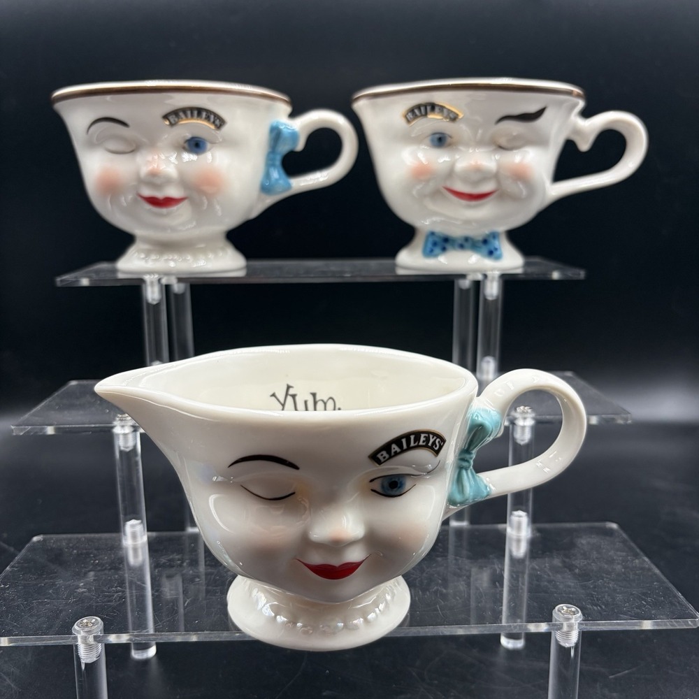 Vintage Bailey's Mr & Mrs Yum Winking Face Mug Cups & Creamer 1996 Limited